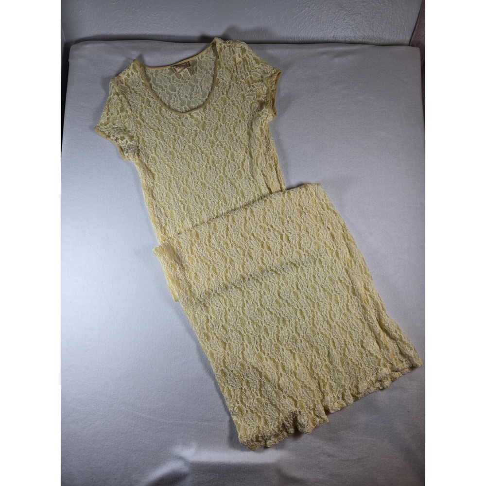 VTG April Cornell 90's Lace Midi Dress Yellow/gold W Sleeve And Neck Trim Sz M